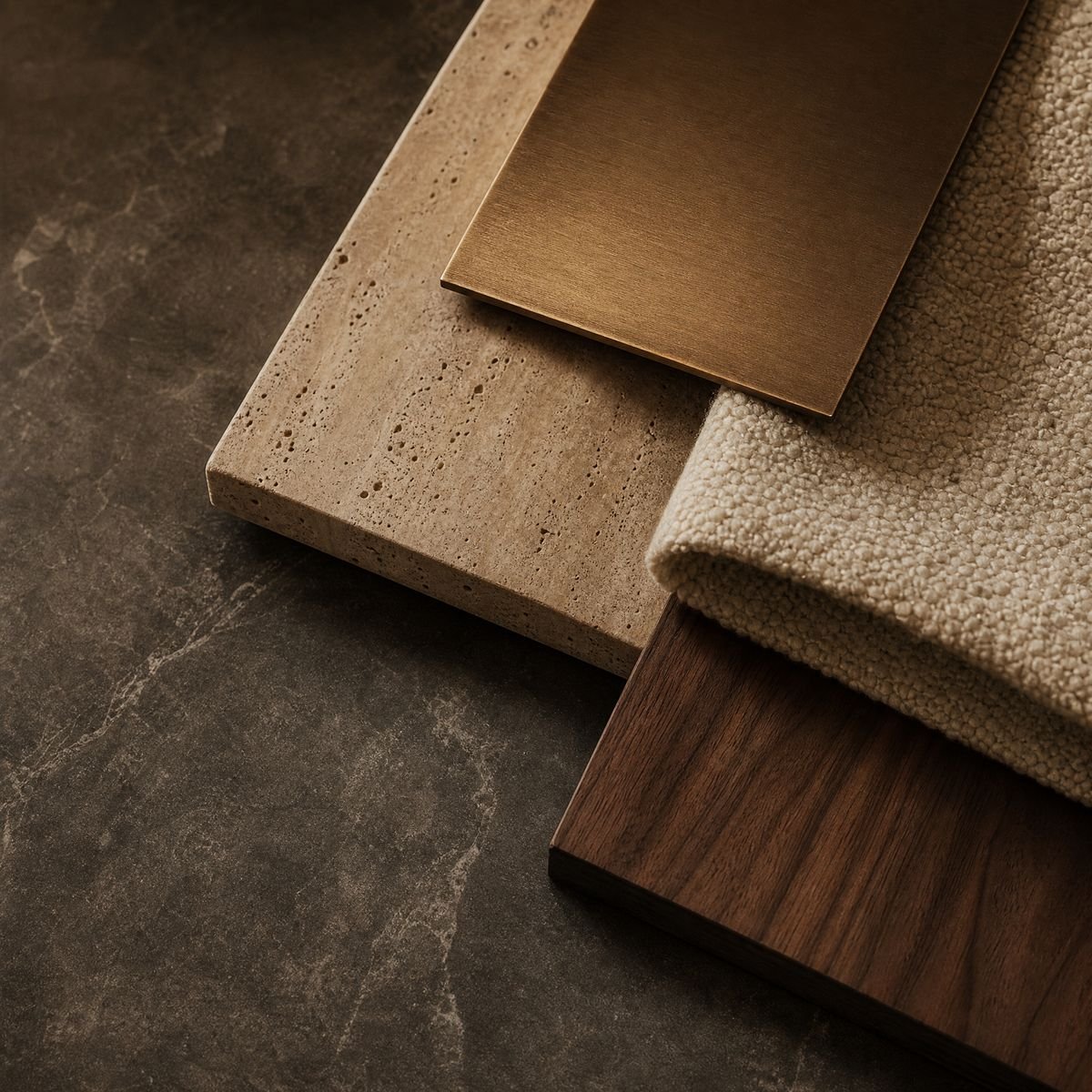 Travertine, walnut and brushed brass material palette
